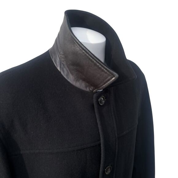 Cole Haan Coat Sz XL Black Wool Cashmere Blend Leather Zip Mid Length Preppy - Picture 8 of 16